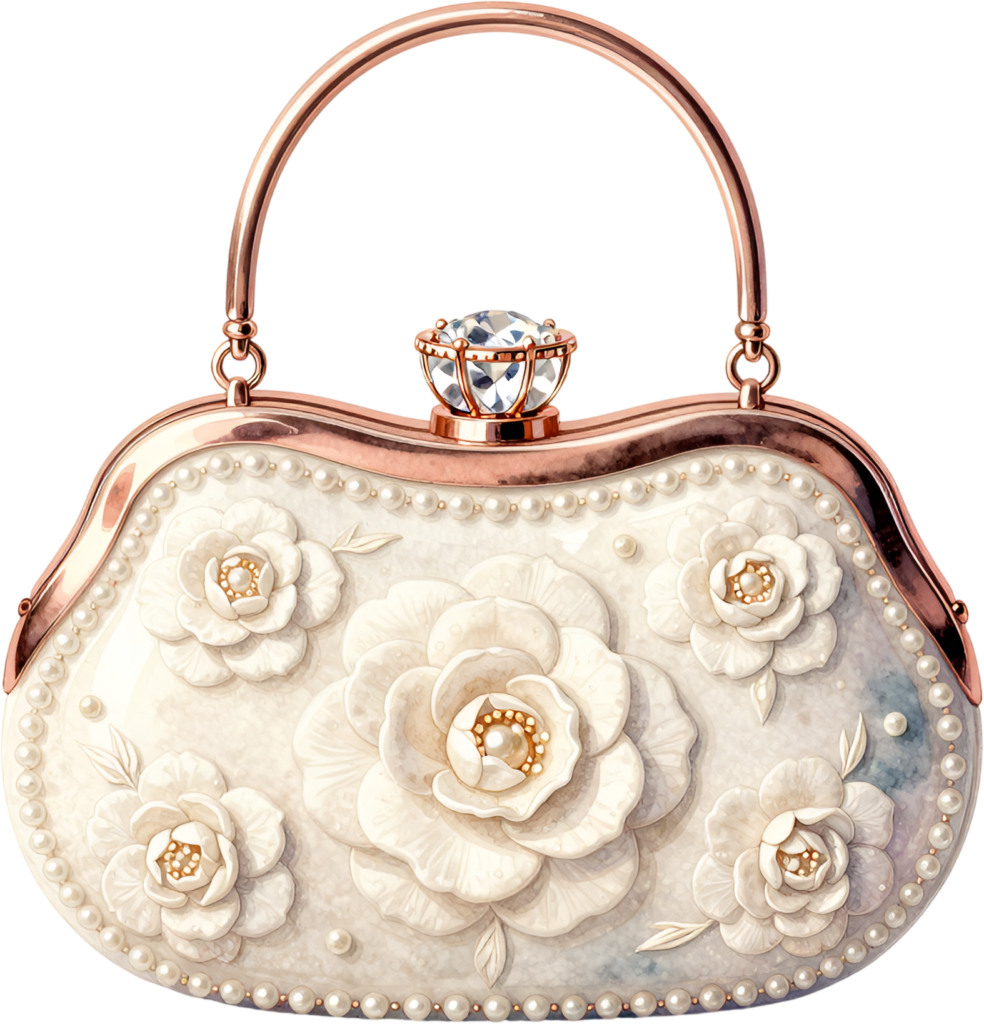 White clutch purse with elegant rose accents, perfect Wedding Purse PNG illustration