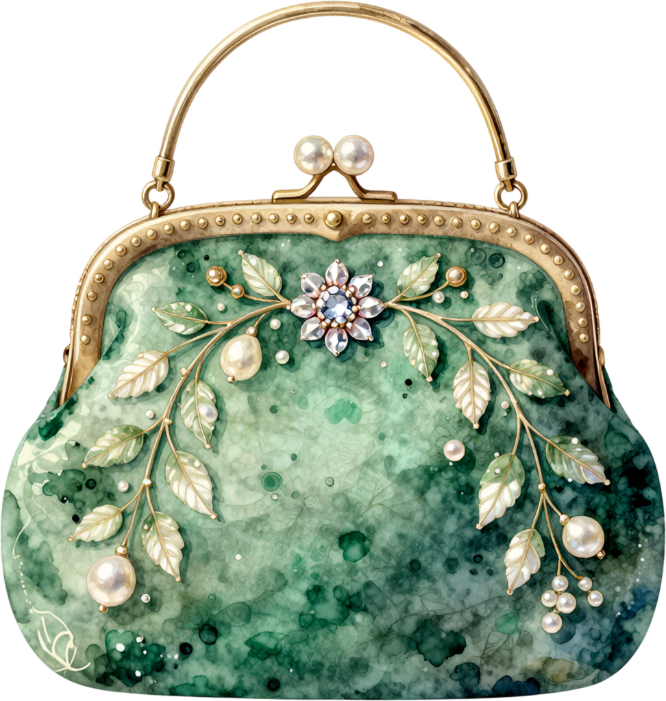 Emerald green handbag featuring ornate leaves, sparkling pearls, and a captivating Wedding Purse illustration PNG