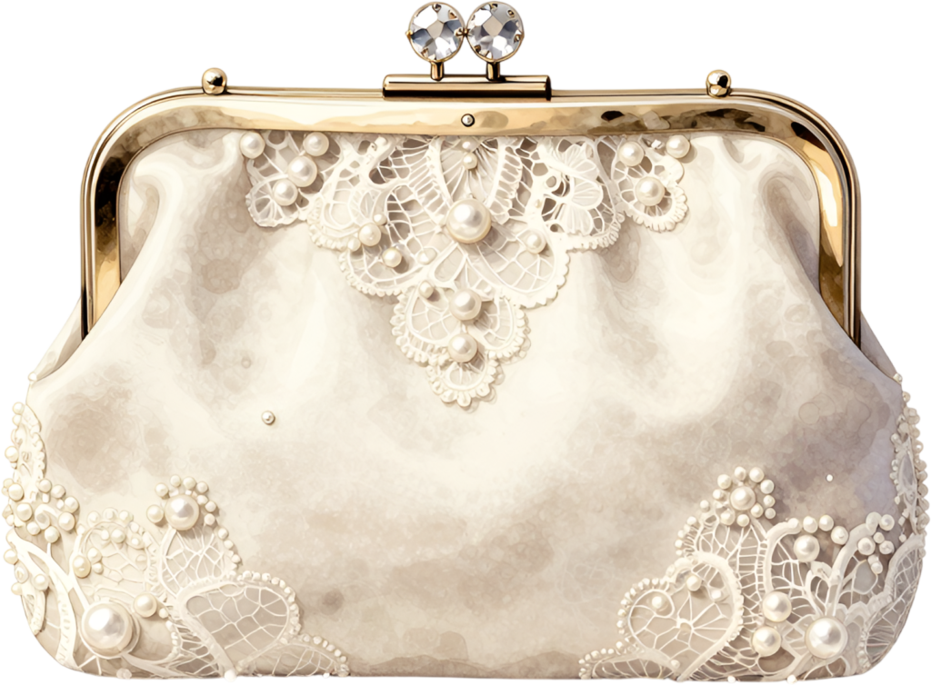 Elegant lace clutch adorned with delicate pearls, a shimmering gold frame, essential PNG Wedding Purse illustration