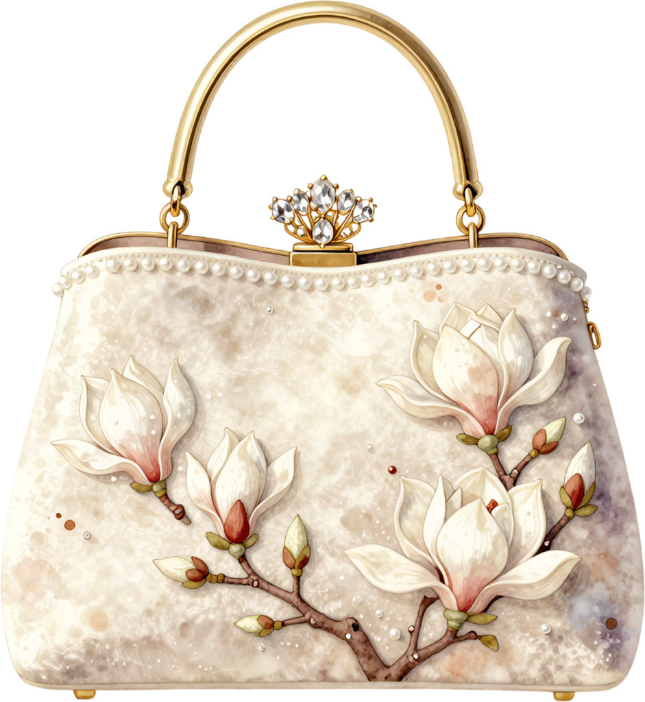 Magnolia flower purse showcasing beautiful blossoms, a graceful gold handle, Wedding Purse PNG illustration