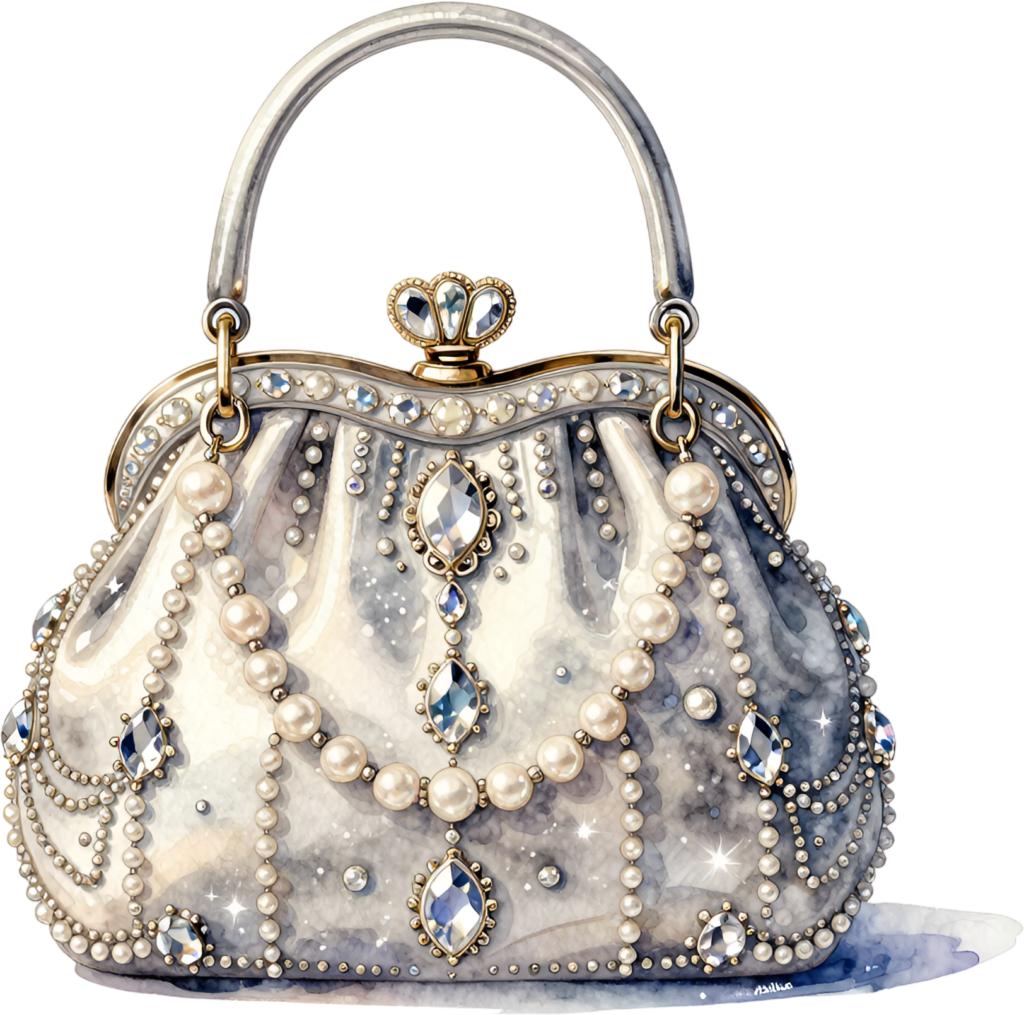 Sparkling silver purse lavishly adorned with pearls and large gemstones, a glamorous Wedding Purse illustration PNG