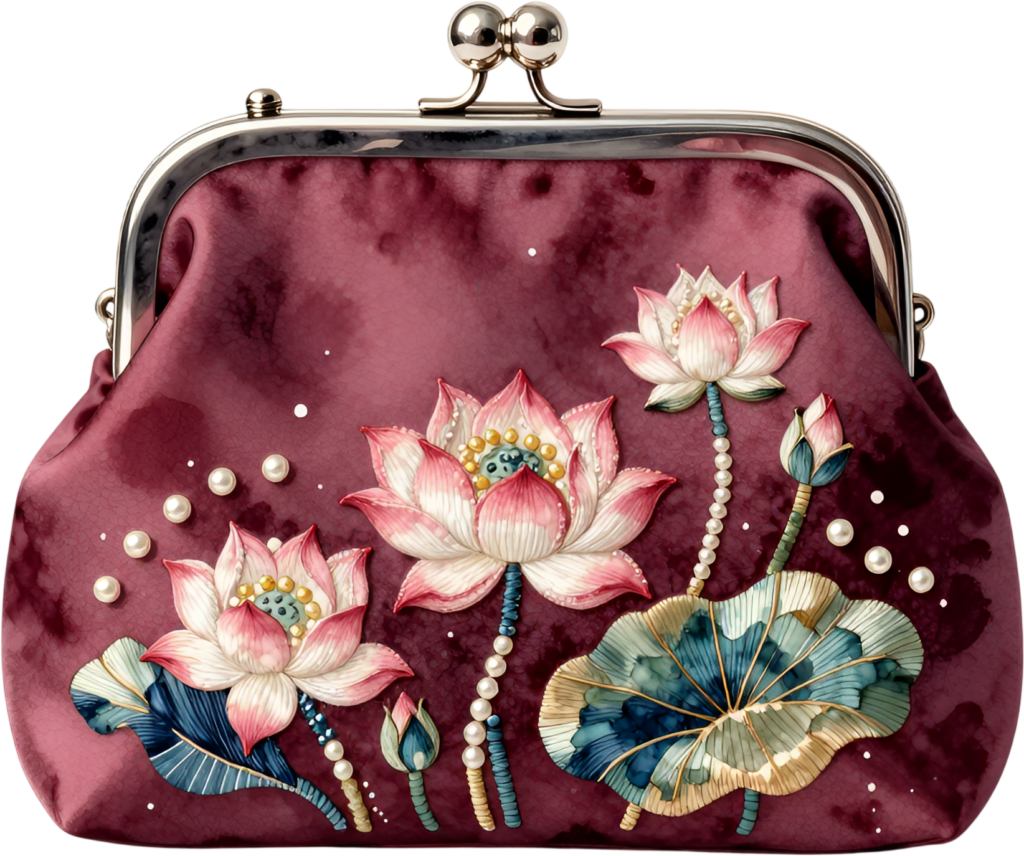 Luxurious velvet clutch featuring exquisite lotus flowers, scattered pearls, and a stylish Wedding Purse PNG illustration
