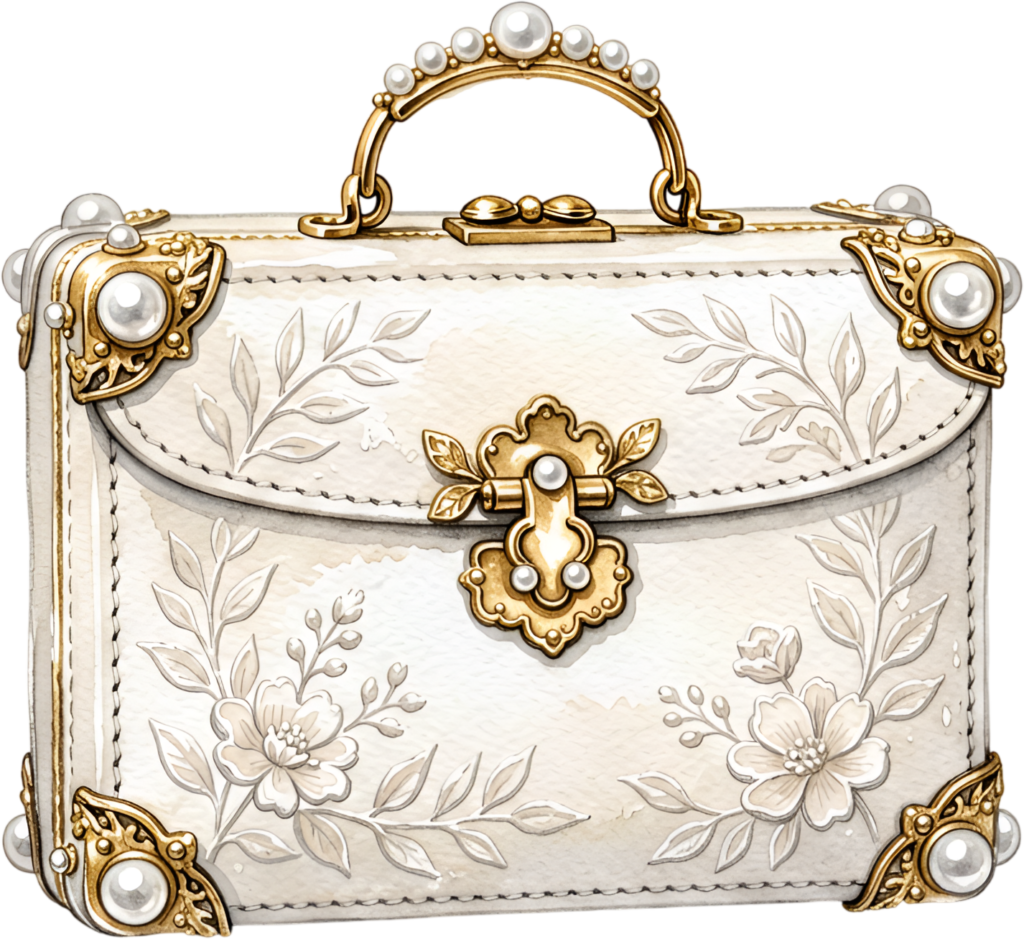 Vintage top-handle bag in pristine white with gold accents, delicate pearls, and beautiful floral embossment PNG Wedding Purse illustration