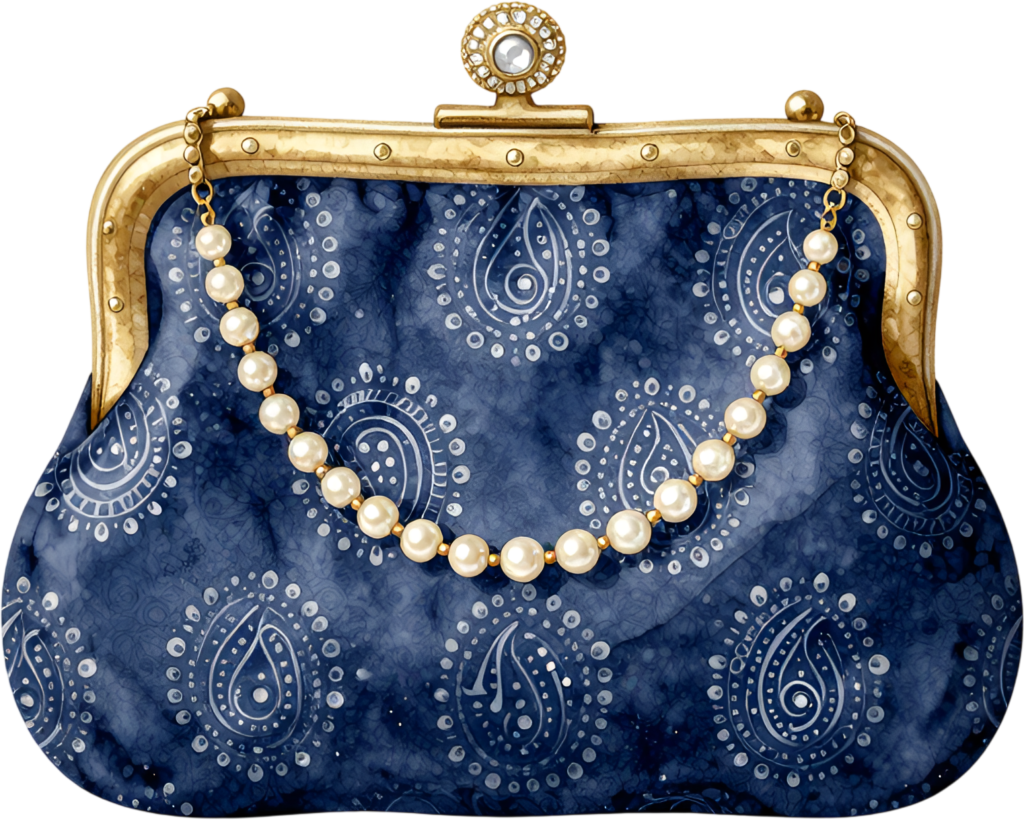 Navy blue clutch featuring an intricate paisley pattern, an elegant pearl strap, and a charming Wedding Purse PNG illustration