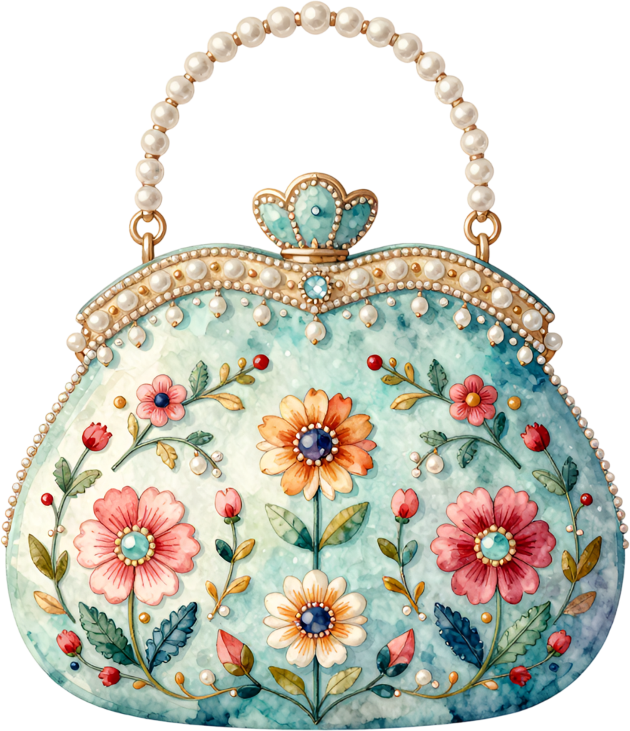 Charming floral handbag in aqua blue, decorated with vibrant flowers, a pearl handle, and a delightful Wedding Purse PNG illustration