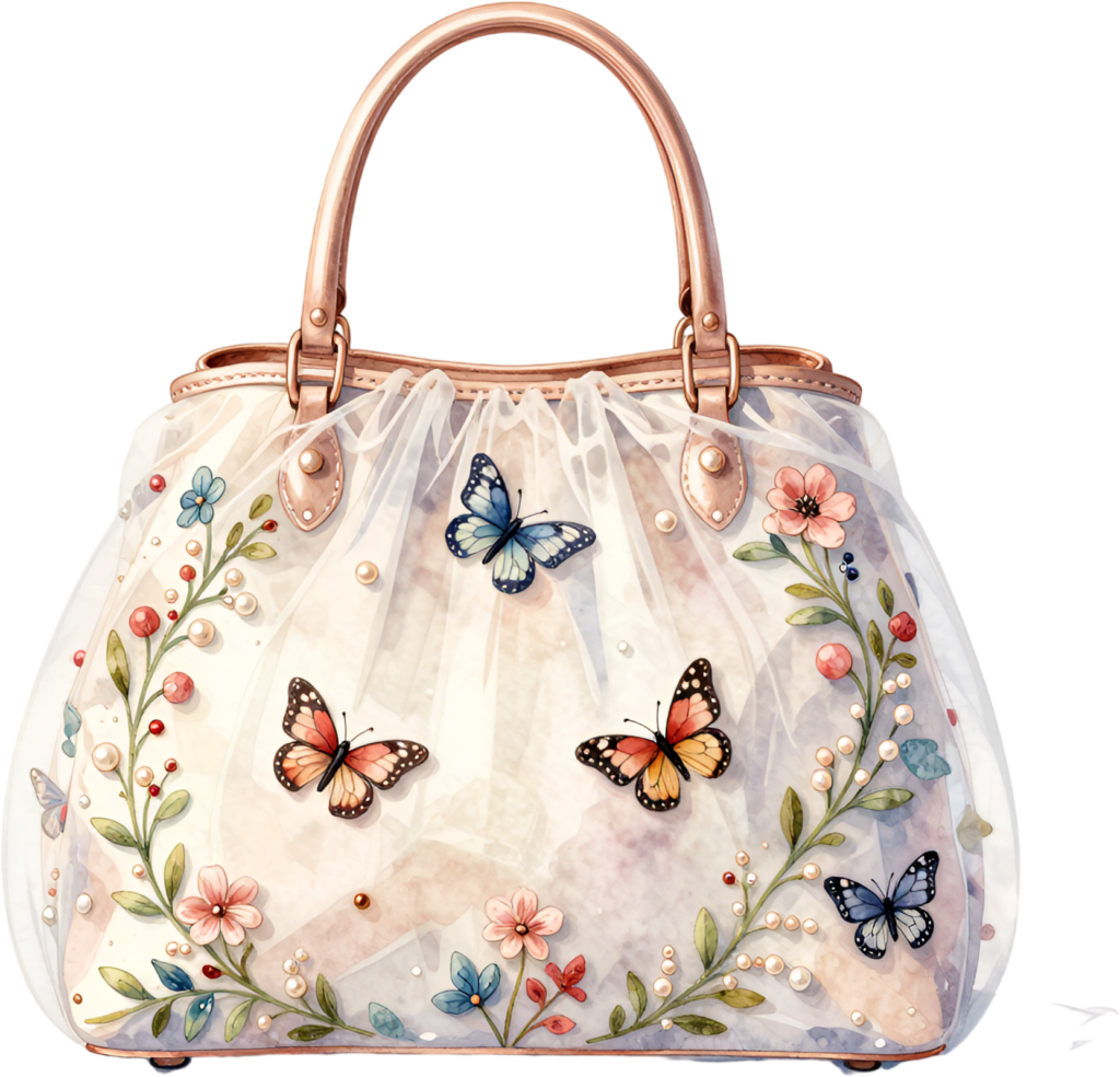 Whimsical butterfly purse featuring sheer tulle, colorful butterflies, delicate flowers, a gorgeous Wedding Purse PNG illustration