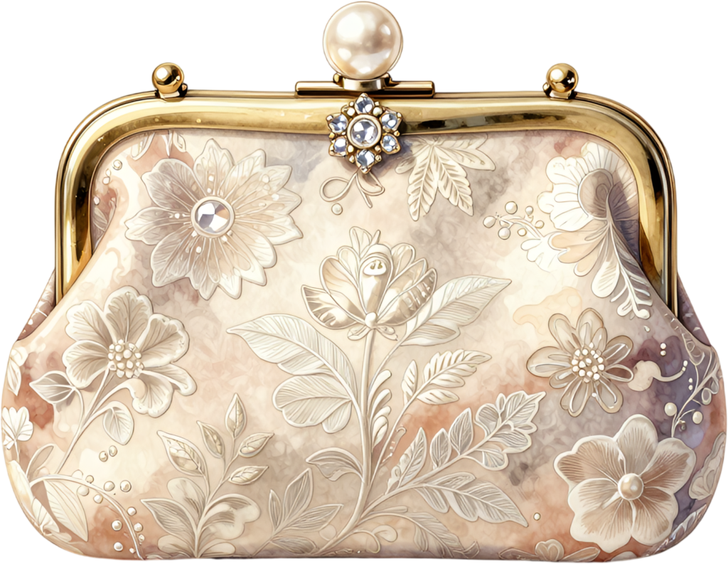 Embossed floral clutch in elegant beige, highlighted by a central pearl and gem clasp, a stunning Wedding Purse PNG illustration