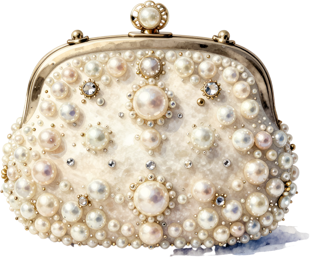 Opulent pearl clutch, richly adorned with countless pearls and dazzling central jewels, a luxurious Wedding Purse illustration PNG