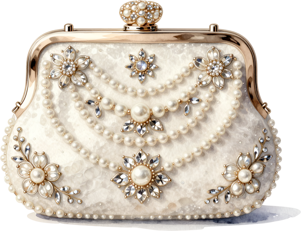 Dazzling pearl clutch showcasing elegant pearl strands and sparkling diamonds, a magnificent Wedding Purse PNG illustration