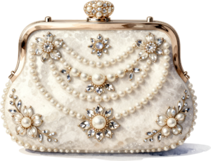 Navy blue clutch featuring an intricate paisley pattern, an elegant pearl strap, and a charming Wedding Purse PNG illustration 6 - Navy blue clutch featuring an intricate paisley pattern, an elegant pearl strap, and a charming Wedding Purse PNG illustration Free PNG Download