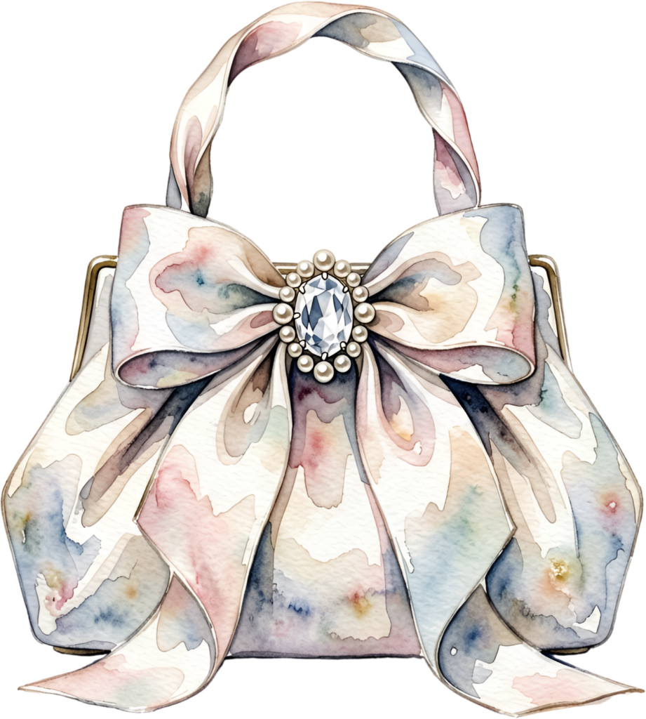 Decorative bow purse in soft pastel hues, adorned with a pearl and diamond brooch, a charming Wedding Purse PNG illustration