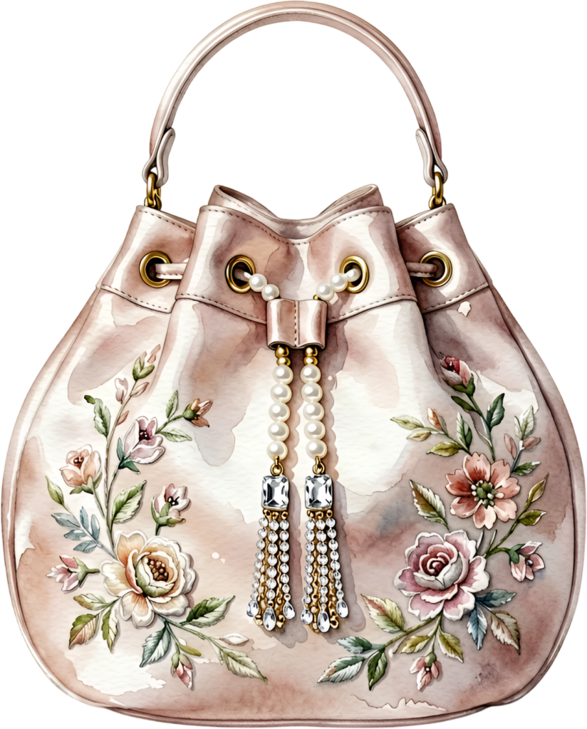Elegant bucket bag in blush pink, featuring delicate floral embroidery and charming pearl tassels, a lovely Wedding Purse PNG illustration