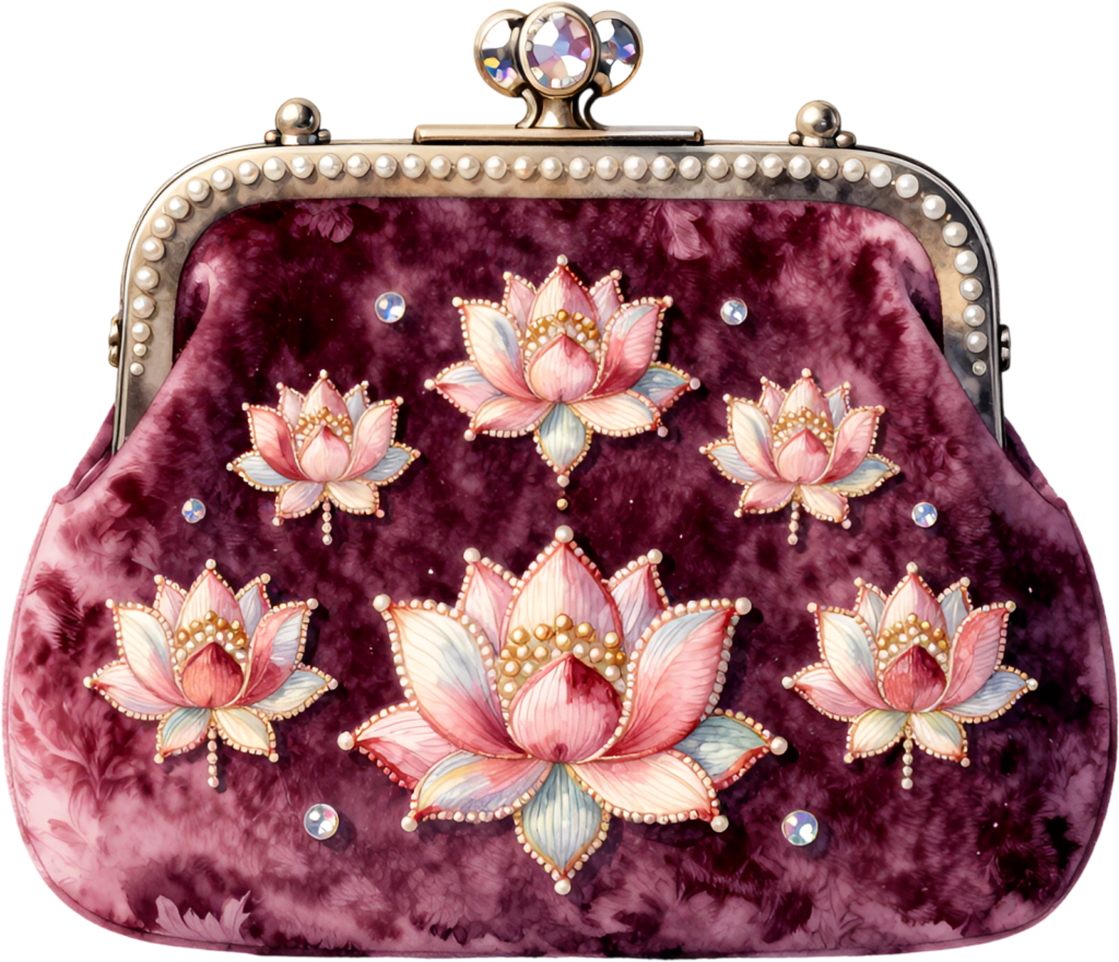 Velvet lotus clutch in a deep red hue, embellished with intricate lotus flowers and scattered crystals, a beautiful Wedding Purse PNG illustration
