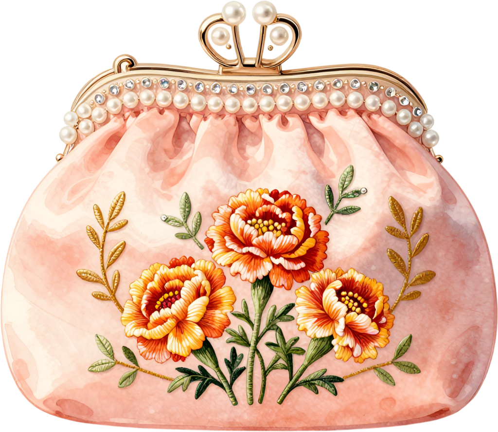 Pleated marigold clutch in soft peach, graced with vibrant marigold embroidery and a delicate pearl trim, a sweet Wedding Purse PNG illustration