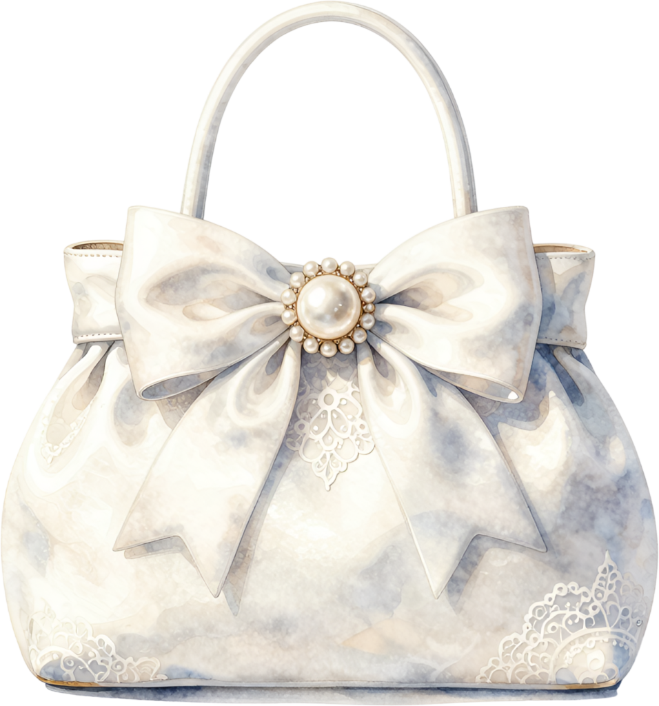 Satin top-handle bag in pristine white, highlighted by a large decorative bow and a stunning pearl brooch, a classic Wedding Purse PNG illustration