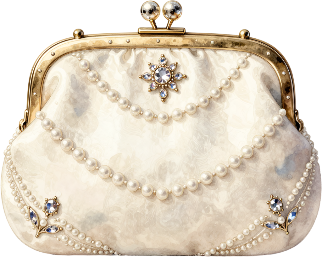Ornate pearl clutch in off-white, intricately adorned with cascading pearl and crystal strands, a regal Wedding Purse PNG illustration