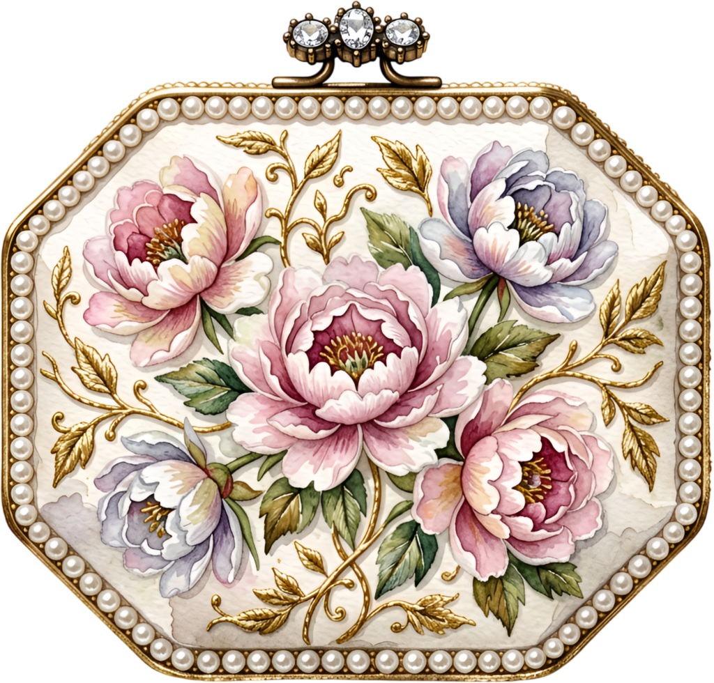 Octagonal peony clutch featuring lush pink peonies, gilded filigree, and a pearl border, a unique Wedding Purse PNG illustration