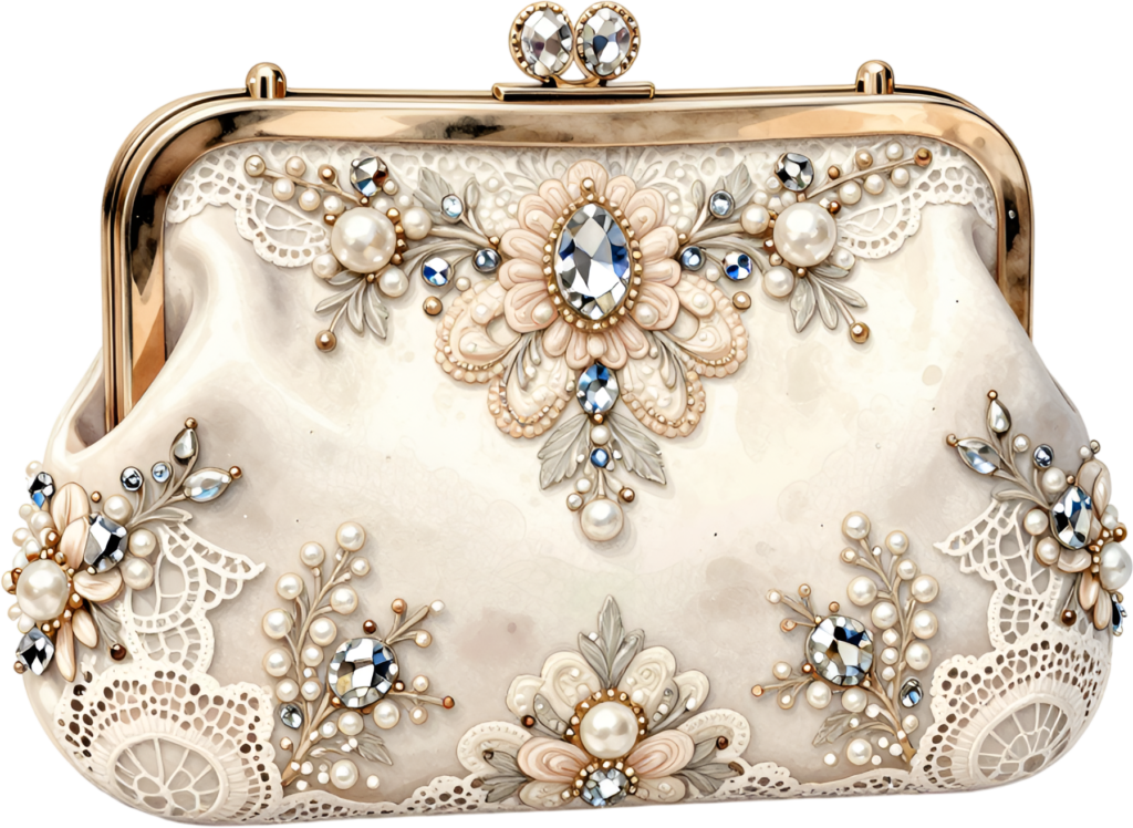 Ivory lace clutch intricately detailed with lace patterns, pearls, and a sparkling central crystal cluster, a refined Wedding Purse PNG illustration