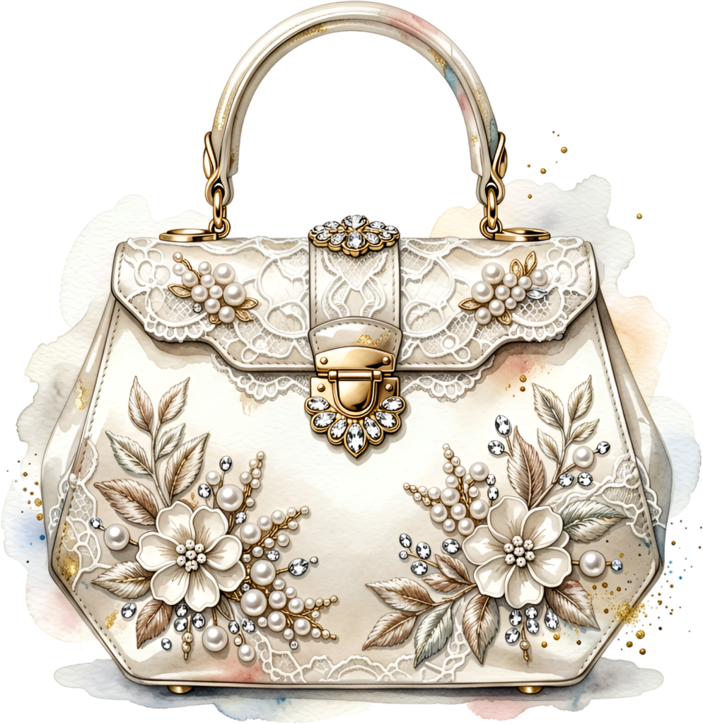 Structured white handbag showcasing delicate lace, lustrous pearls, charming floral accents, and a secure gold lock, a timeless Wedding Purse PNG illustration