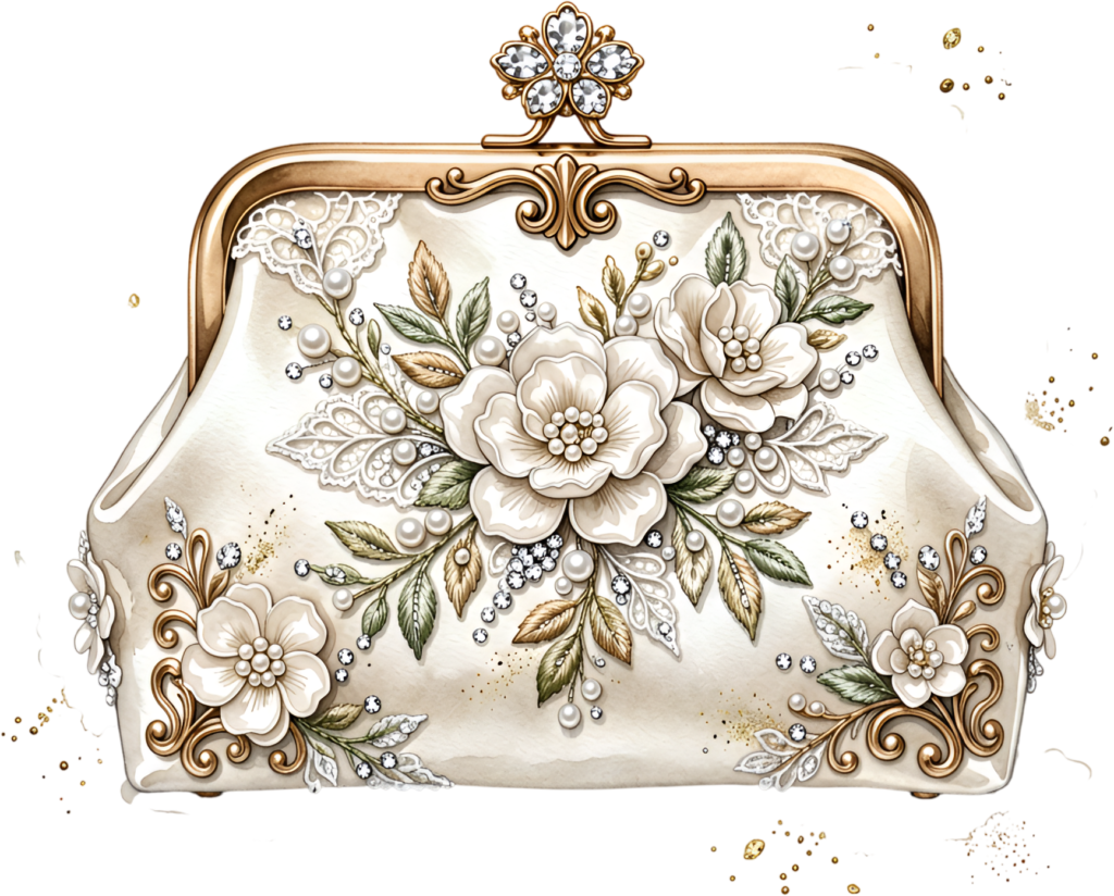 Cream floral clutch adorned with elegant gold accents, sparkling pearls, and delicate crystals, a gorgeous Wedding Purse PNG illustration