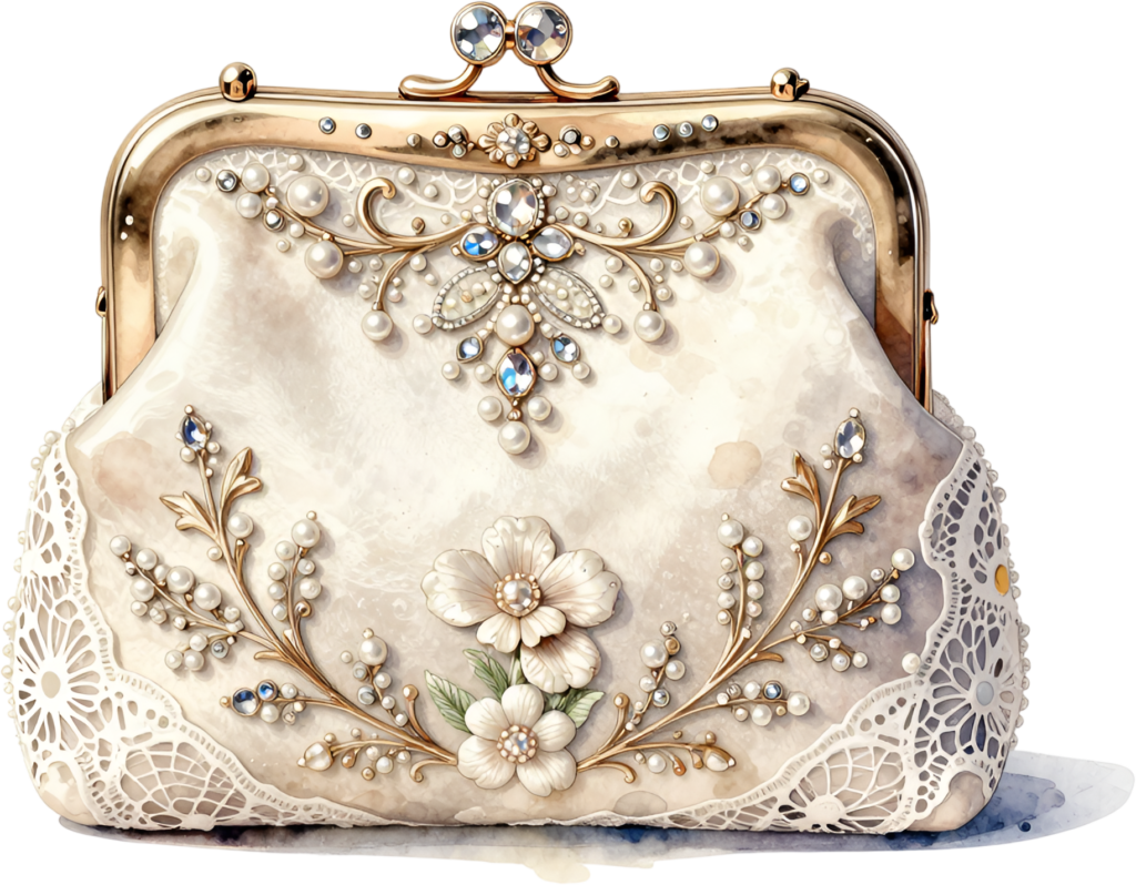 Embellished white clutch featuring opulent pearl and crystal detailing, finished with a delicate lace trim, a radiant Wedding Purse PNG illustration