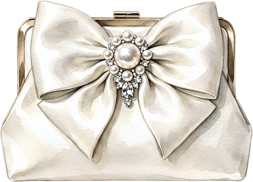 Classic white clutch featuring a grand satin bow and a dazzling pearl and gem brooch, a quintessential Wedding Purse PNG illustration