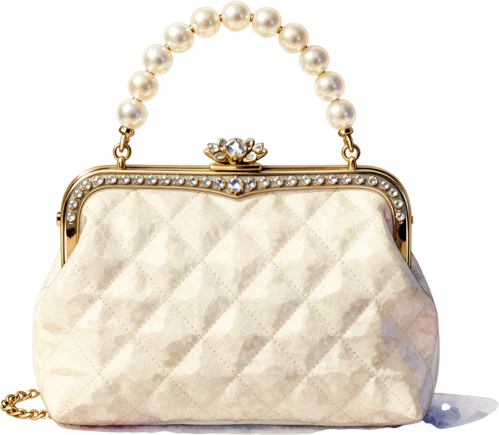 Quilted white clutch with a luxurious pearl handle and a brilliant diamond clasp, an exquisite Wedding Purse PNG illustration