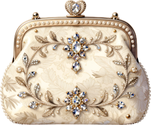 Cream floral clutch adorned with elegant gold accents, sparkling pearls, and delicate crystals, a gorgeous Wedding Purse PNG illustration 5 - Cream floral clutch adorned with elegant gold accents, sparkling pearls, and delicate crystals, a gorgeous Wedding Purse PNG illustration Free PNG Download
