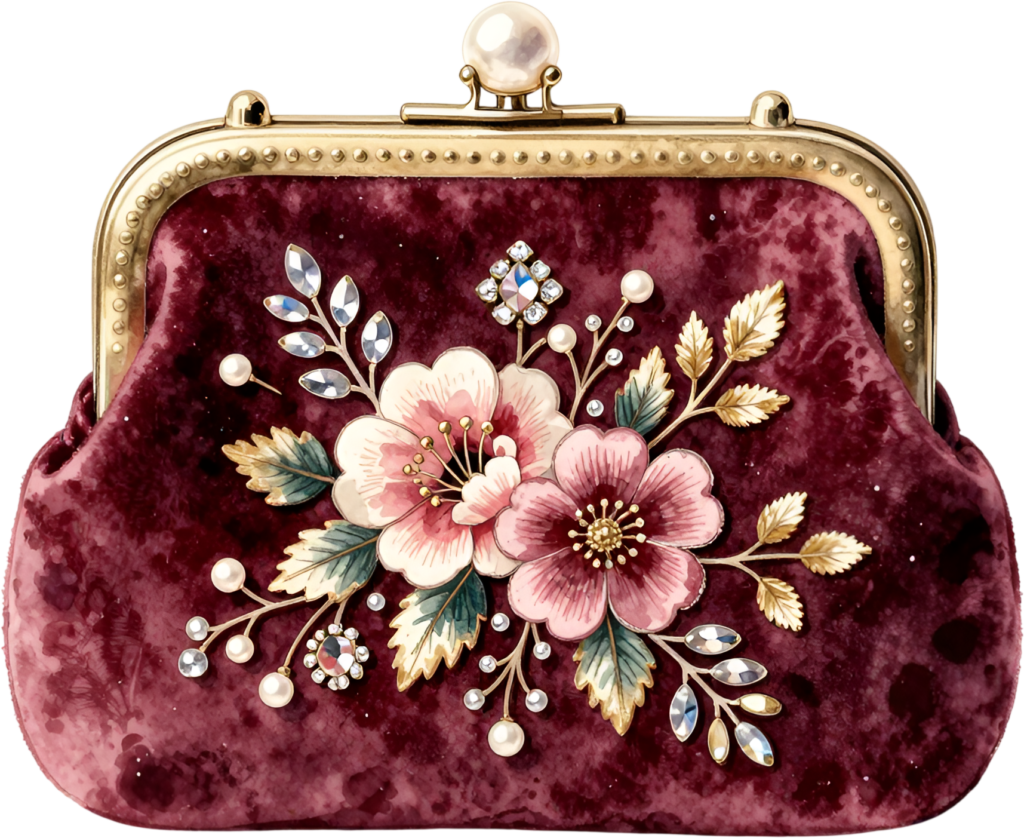 Rich burgundy clutch crafted from plush velvet, exquisitely adorned with vibrant floral and sparkling crystal embellishments, a chic Wedding Purse PNG illustration