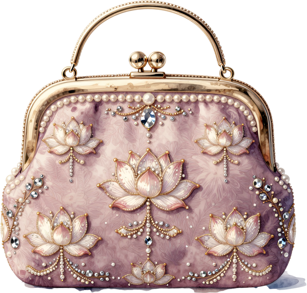 Pink lotus clutch featuring intricate lotus embroidery, delicate pearls, and glittering gems, all framed in gold, a serene Wedding Purse PNG illustration