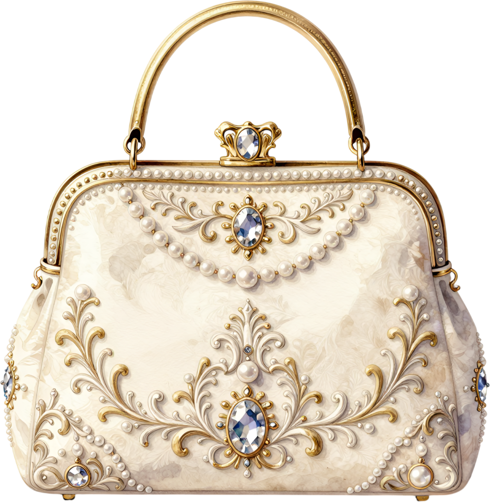 Ornate bridal clutch in ivory, featuring intricate gold scrollwork, pearls, and blue gem accents, a majestic Wedding Purse PNG illustration