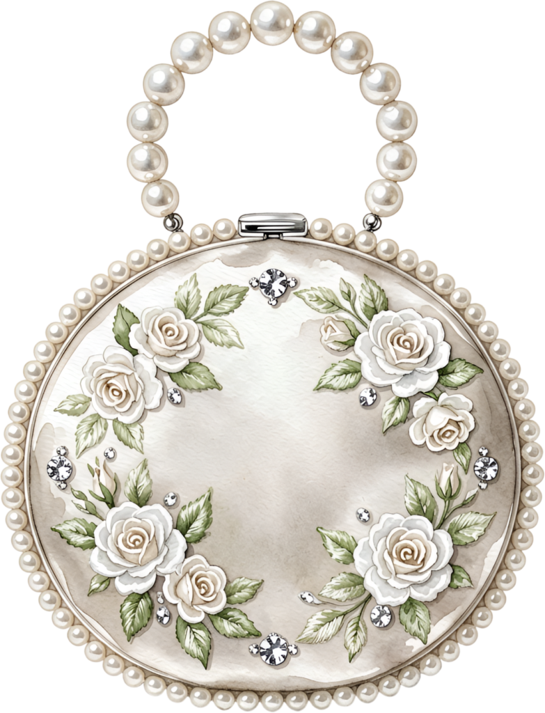 Round pearl clutch with a beautiful pearl-studded frame, intricately designed white roses, and shimmering diamonds, a luxurious Wedding Purse PNG illustration