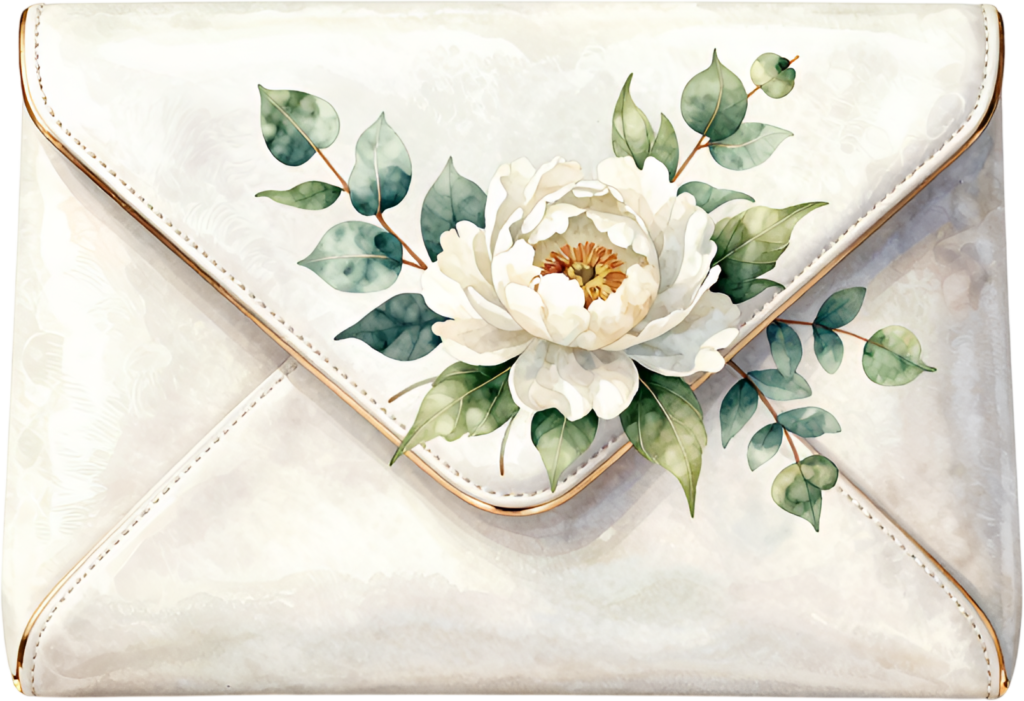 Envelope peony clutch in elegant white, featuring a single prominent peony bloom and delicate eucalyptus leaves, a graceful Wedding Purse PNG illustration