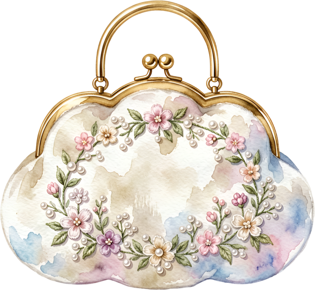 Cloud-shaped clutch with a charming floral wreath, delicate pearls, and a soft watercolor background, a whimsical Wedding Purse PNG illustration