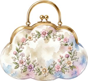 Elegant Clutch featuring embroidered flowers, gold scrolls, and pearl beads, a timeless PNG for women's fashion clipart 19 - Elegant Clutch featuring embroidered flowers, gold scrolls, and pearl beads, a timeless PNG for women's fashion clipart Free PNG Download