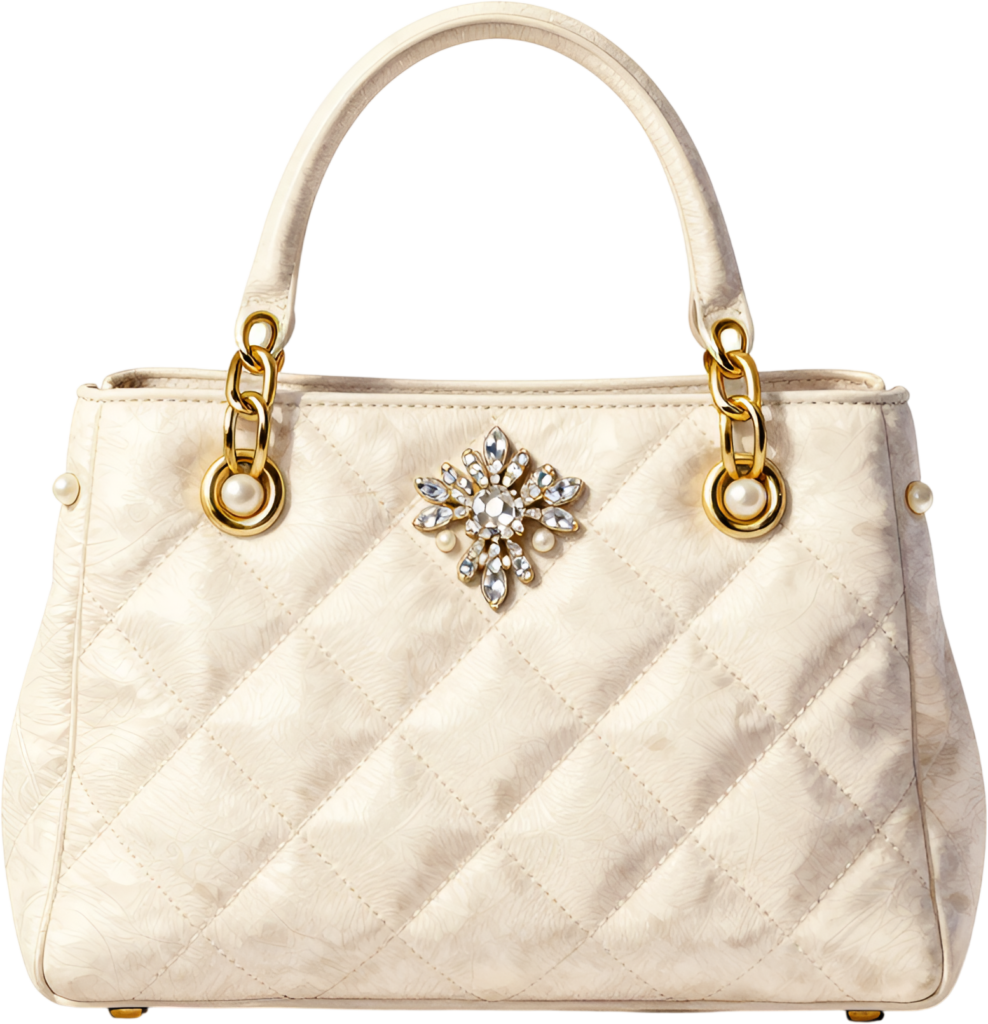 Classic Quilted Handbag featuring a sparkling jewel brooch, an elegant PNG for women’s luxury accessory clipart