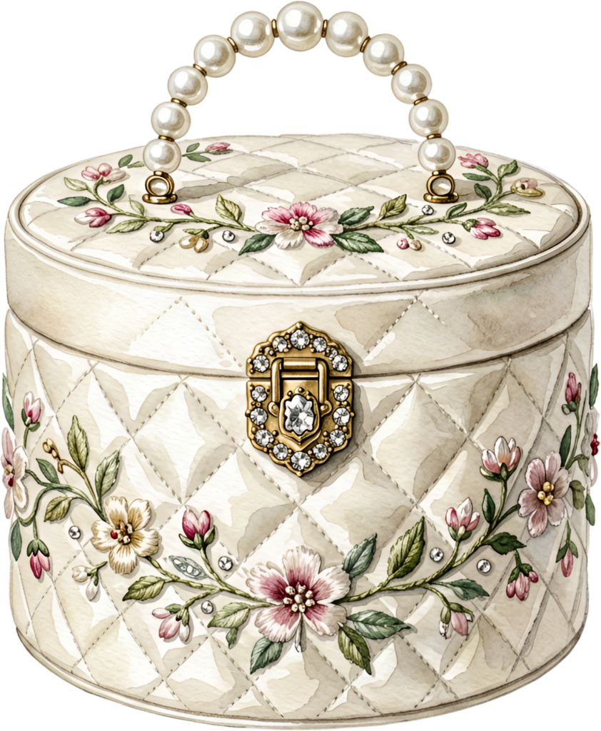 Charming Vanity Case styled as a pearl-handled box purse, ideal PNG for women’s floral design clipart