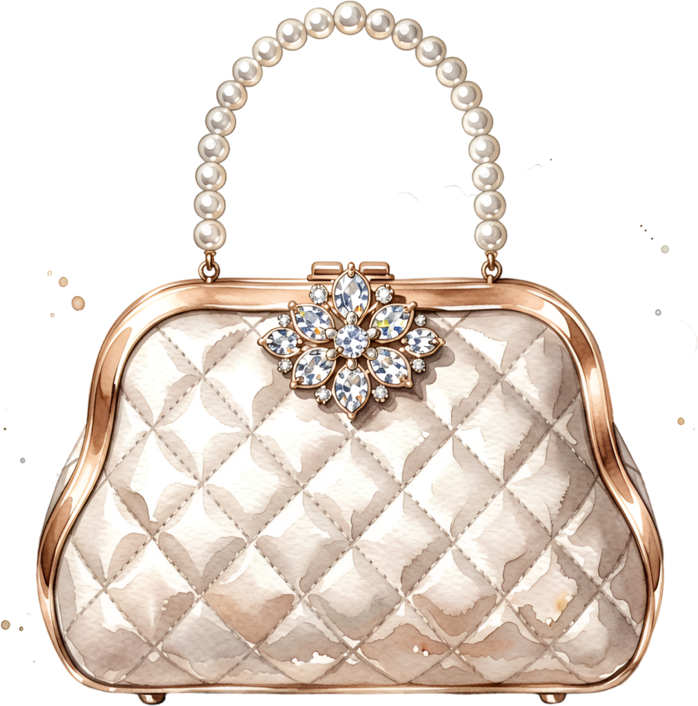 Quilted Pearl-Handle Bag with a dazzling diamond brooch, a sophisticated PNG for women’s elegant fashion clipart