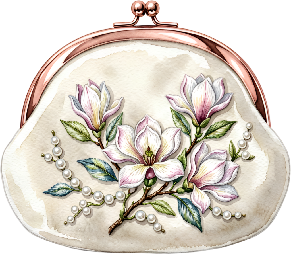Graceful Clutch showcasing magnolia blossoms and pearl accents, an exquisite PNG for women’s botanical clipart