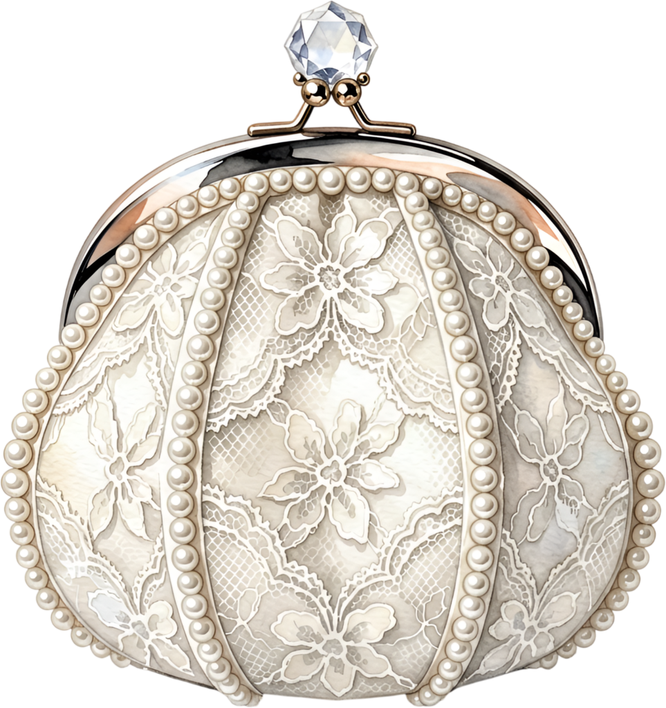 Intricate Lace Clutch embellished with vertical pearl strings, a stunning PNG for women’s wedding clipart projects