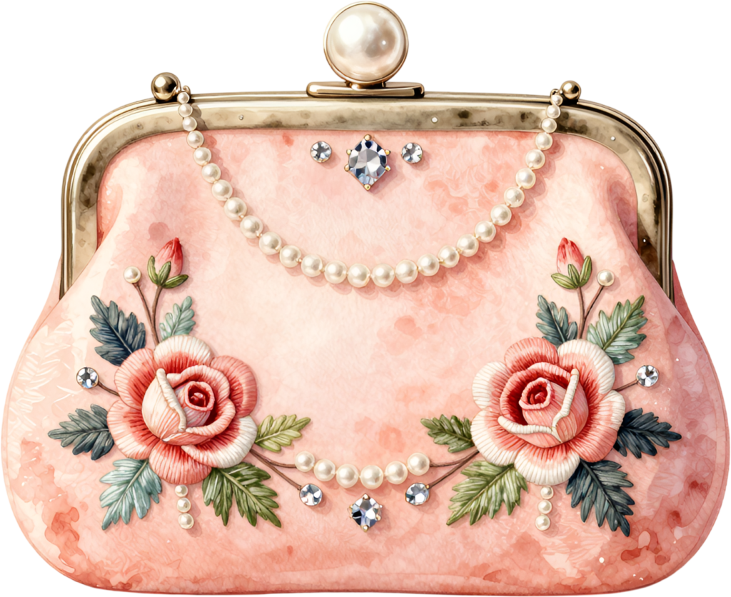Romantic Pink Purse adorned with delicate roses and pearl accents, a charming PNG for women’s floral clipart
