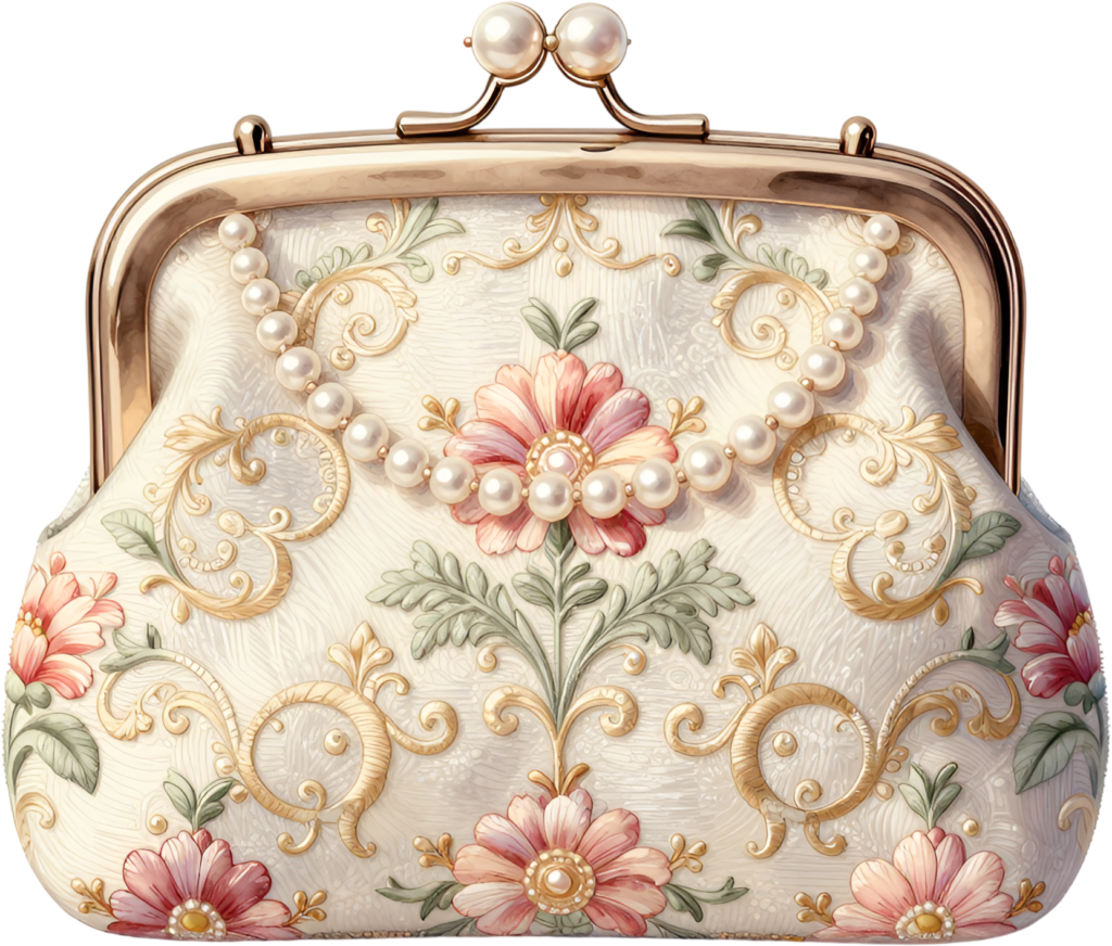 Elegant Clutch featuring embroidered flowers, gold scrolls, and pearl beads, a timeless PNG for women’s fashion clipart