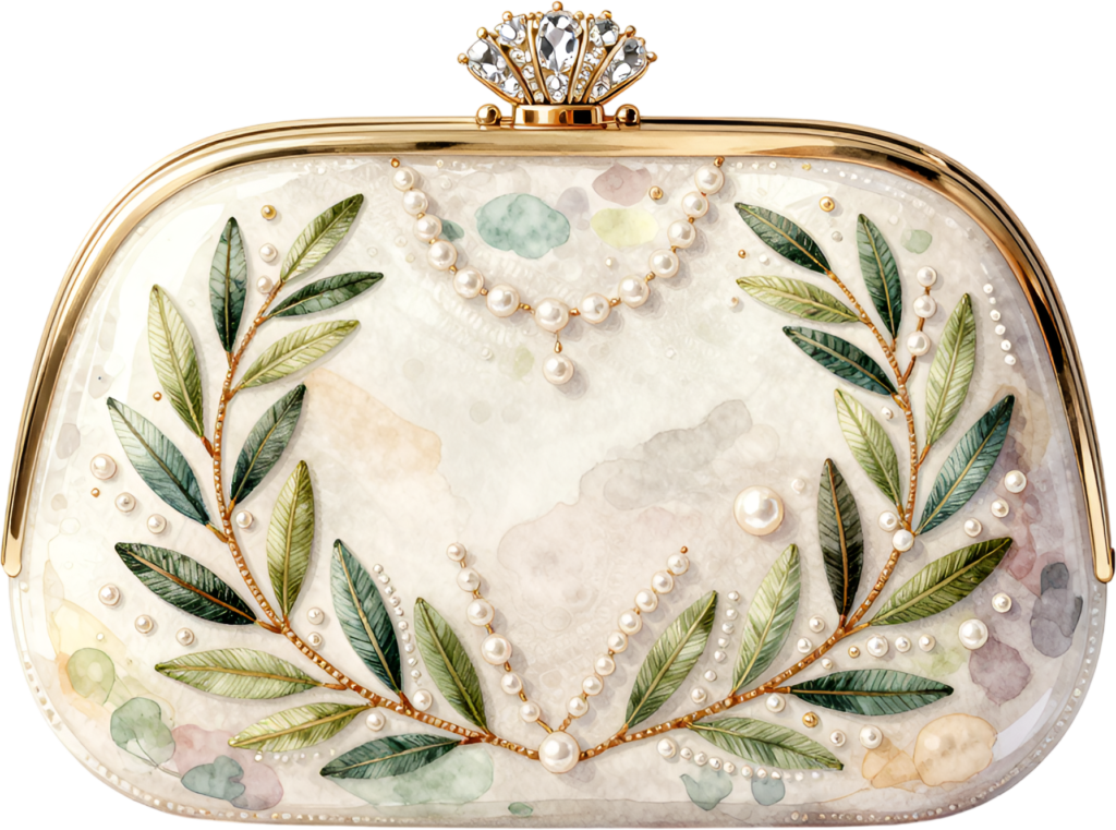 Artistic Bridal Clutch showcasing a graceful olive leaf wreath with pearls, an inspired PNG for women’s celebration clipart