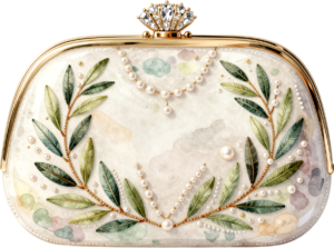 Elegant Clutch featuring embroidered flowers, gold scrolls, and pearl beads, a timeless PNG for women's fashion clipart 2 - Elegant Clutch featuring embroidered flowers, gold scrolls, and pearl beads, a timeless PNG for women's fashion clipart Free PNG Download