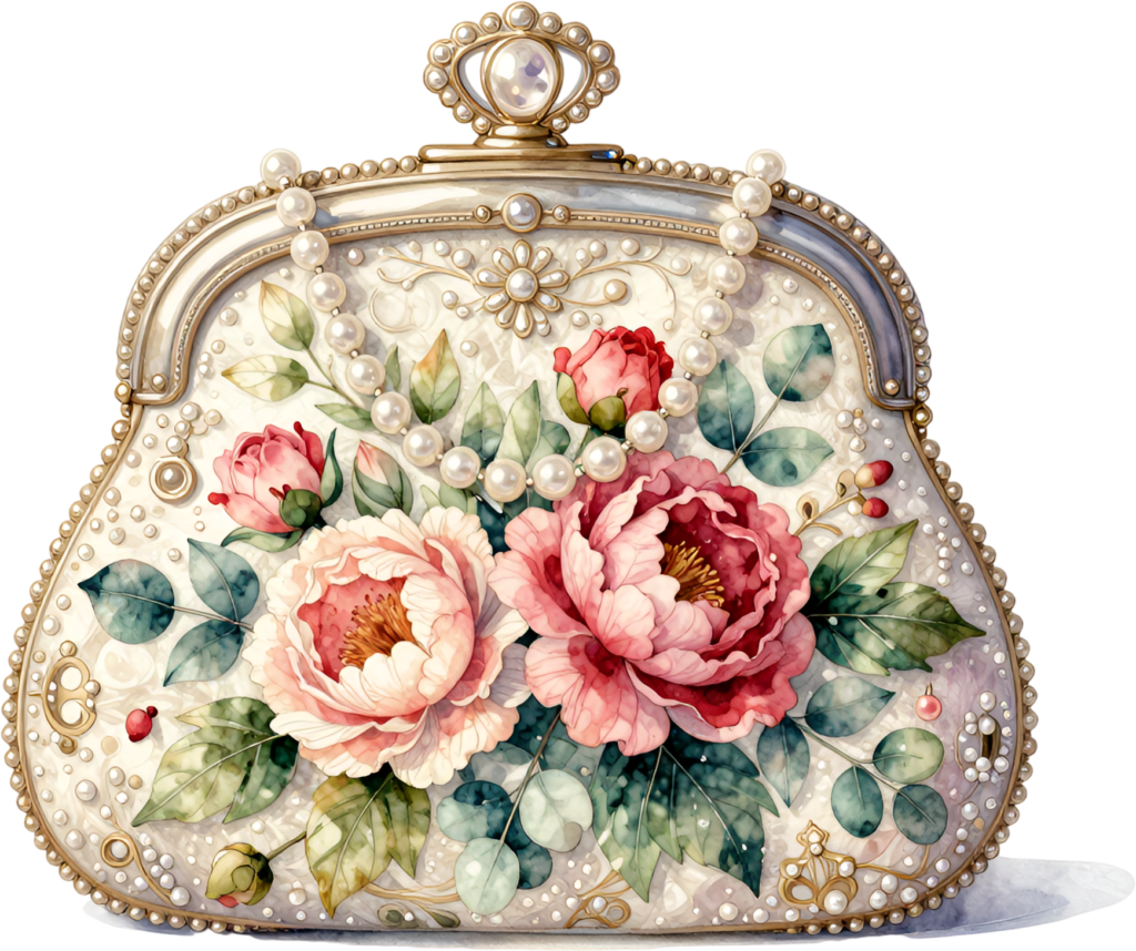 Sumptuous Bridal Purse lavishly decorated with blooming peonies and cascading pearls, a luxurious PNG for women’s floral clipart