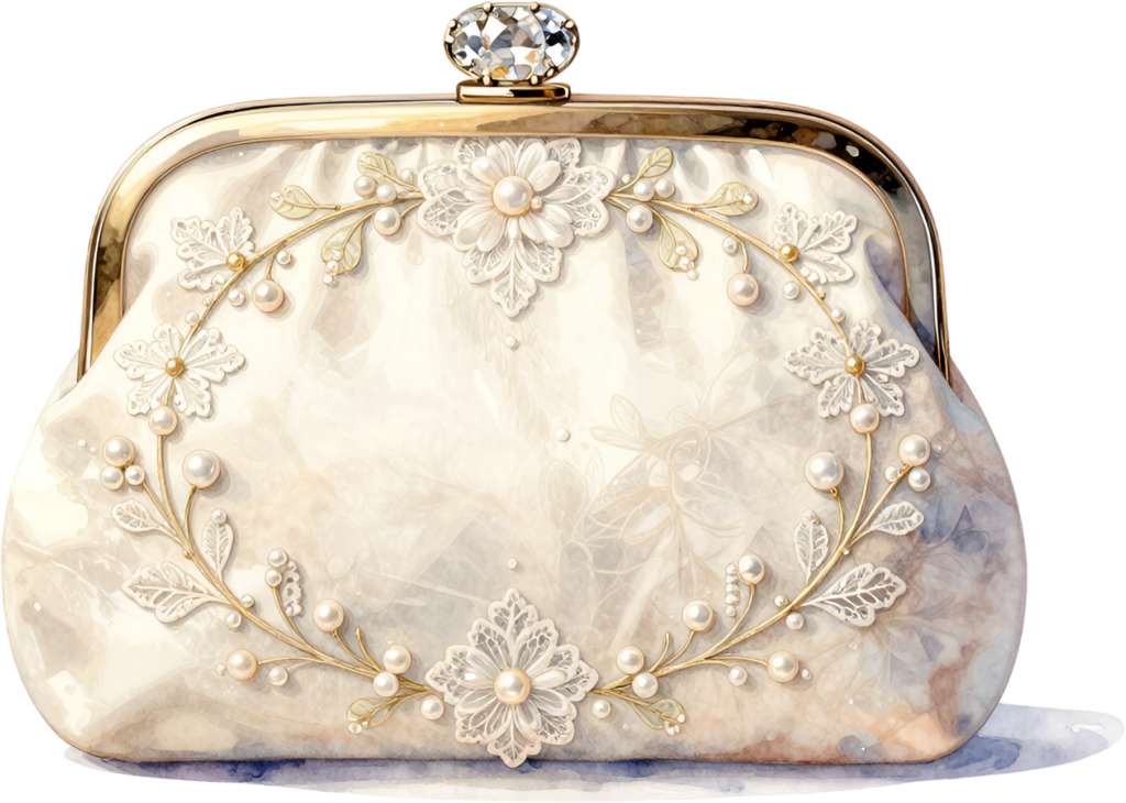 Refined Evening Clutch adorned with a delicate pearl wreath and gold accents, a sophisticated PNG for women’s formal clipart