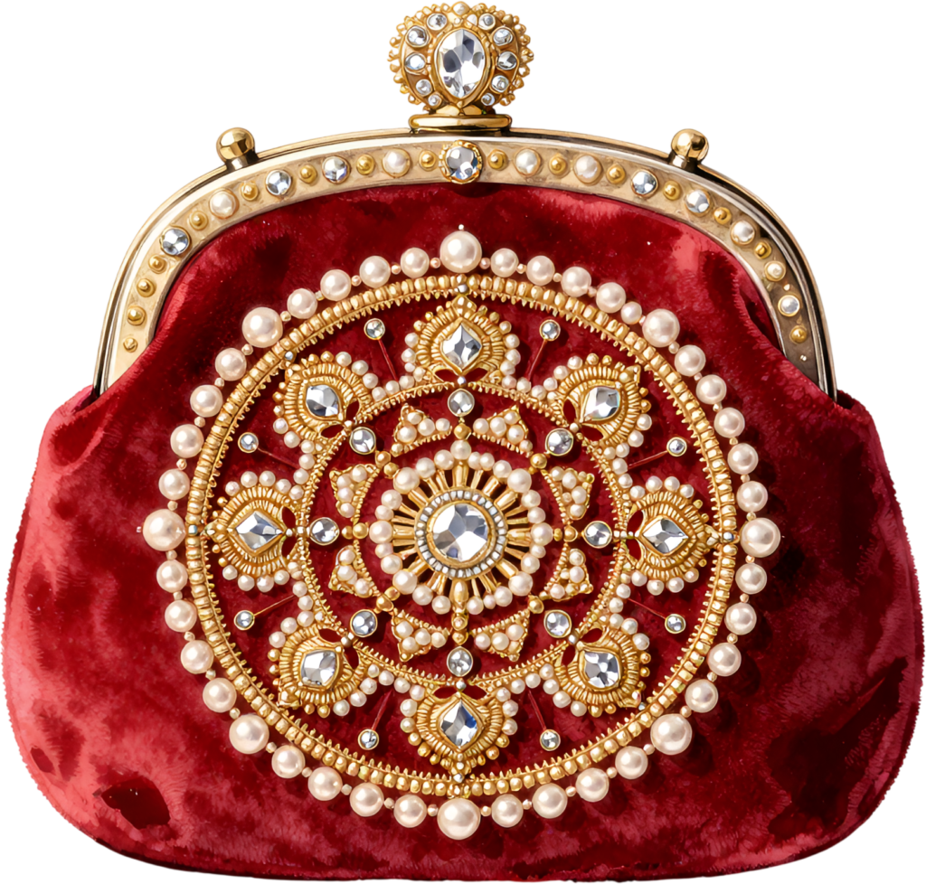 Regal Velvet Clutch featuring an elaborate pearl and diamond medallion, a majestic PNG for women’s luxury clipart