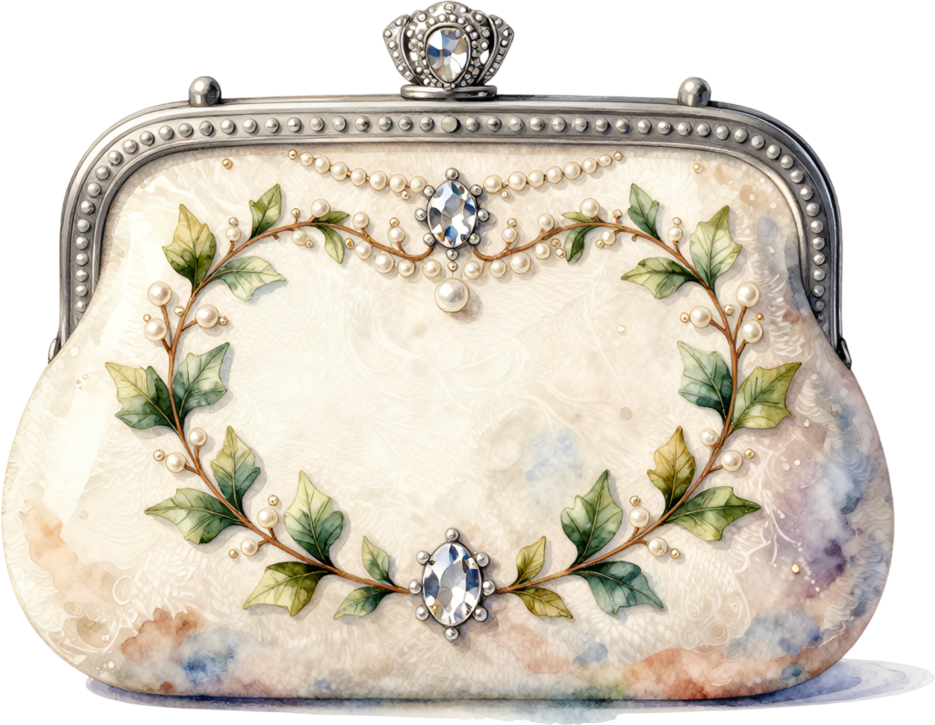Elegant Clutch showcasing a serene laurel wreath with pearls and gems, a chic PNG for women’s sophisticated clipart