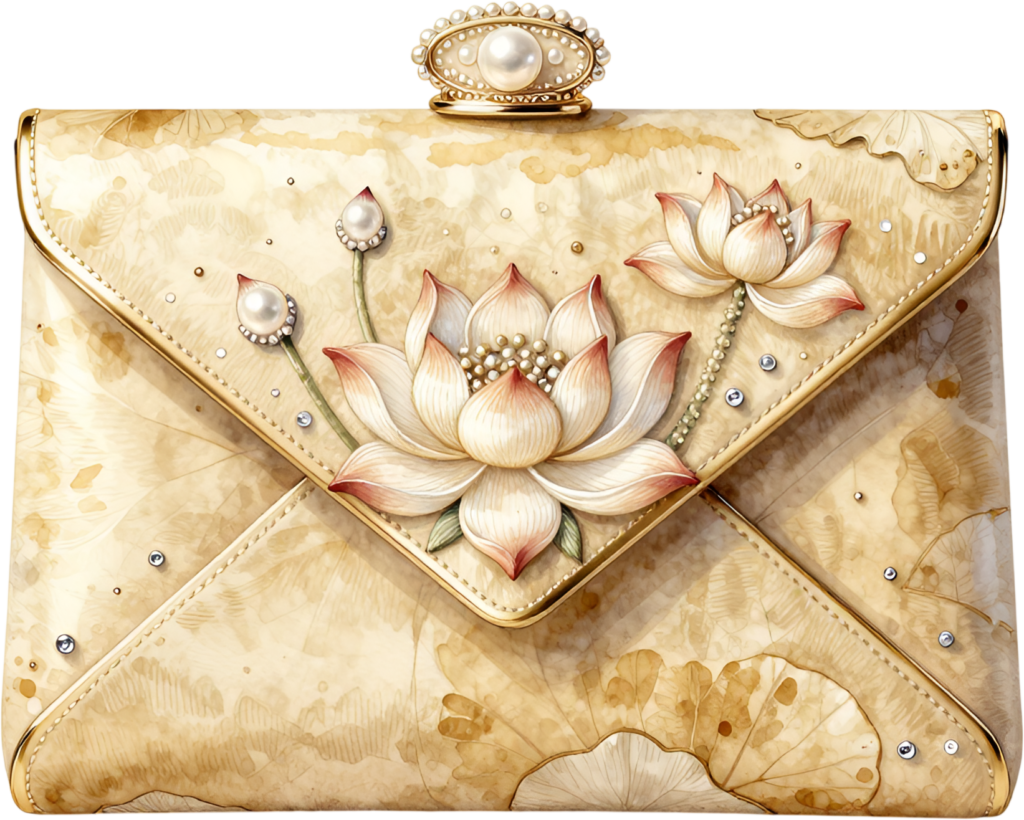Vintage Envelope Clutch adorned with exquisite lotus flowers and pearls, a timeless PNG for women’s botanical clipart