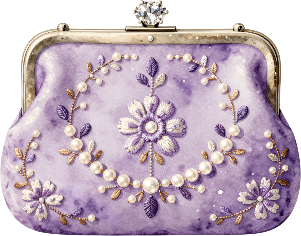 Enchanting Lavender Purse with a central embroidered flower and pearl garlands, a lovely PNG for women’s chic clipart